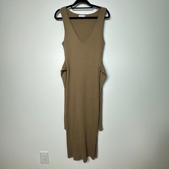 Good American Dress Belted Body Midi Ribbed Knit Stretch Taupe Tan Brown 3 L - Picture 6 of 10